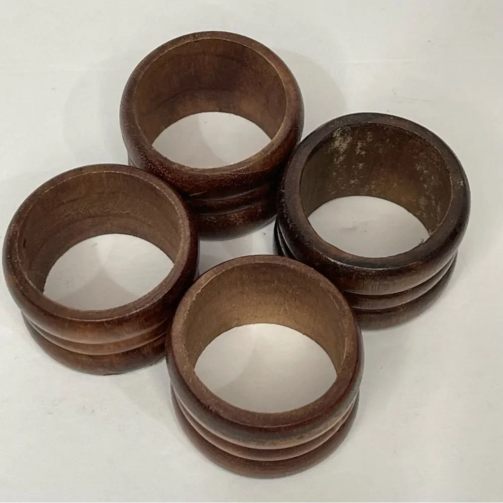 Rustic Wood Napkin Rings MCM Retro Cabin Farmhouse Casual Dark Brown Set of 7
